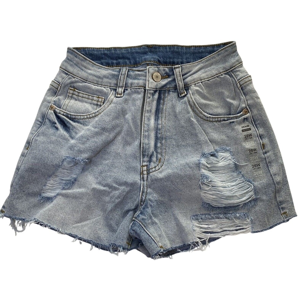 Denim Distressed High Waisted Jean Shorts Light Wash Raw Hem‎ Size 2 26W
